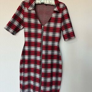 Plaid Red Dress with Zipper Front